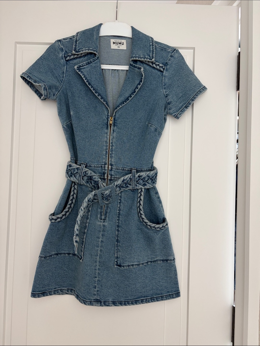 Denim Zip-Front Short Sleeve Dress in Light Blue